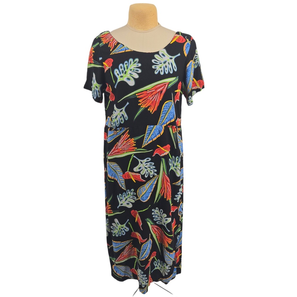 Pineapple Passion Midi Dress Womens M Tropical Floral Rayon Black Vacation Beach